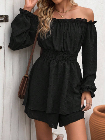Off Shoulder Shirred Waist Flounce Sleeve Romper