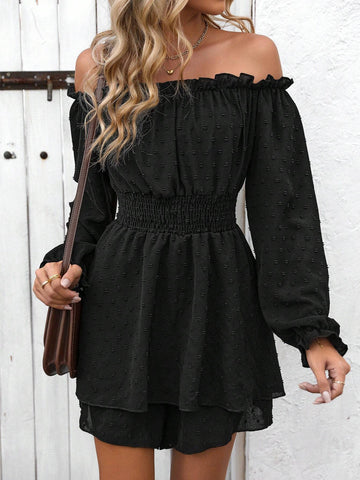 Off Shoulder Shirred Waist Flounce Sleeve Romper