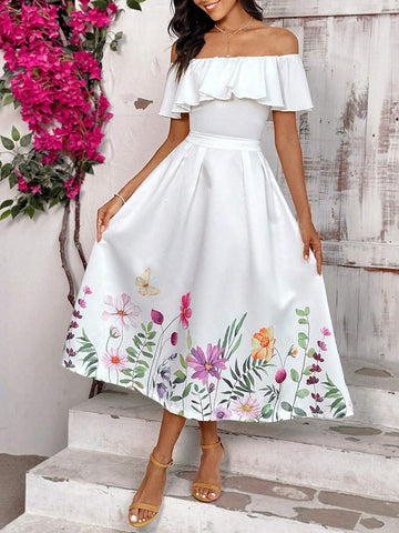 Off Shoulder Short Sleeve Vacation T-Shirt And Printed Floral Vacation Skirt Set