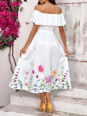 Off Shoulder Short Sleeve Vacation T-Shirt And Printed Floral Vacation Skirt Set