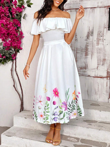 Off Shoulder Short Sleeve Vacation T-Shirt And Printed Floral Vacation Skirt Set