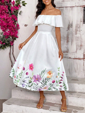 Off Shoulder Short Sleeve Vacation T-Shirt And Printed Floral Vacation Skirt Set