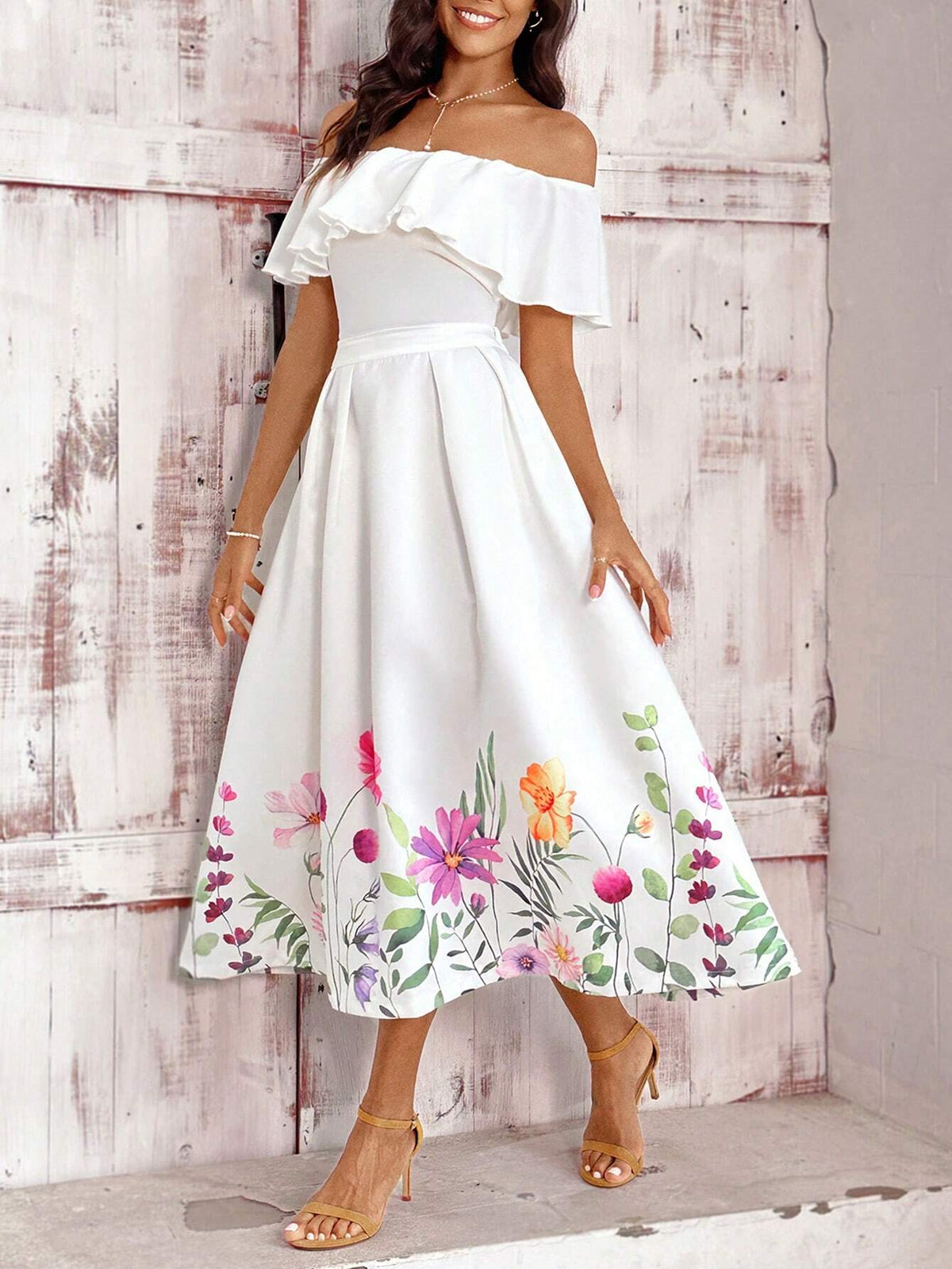 Off Shoulder Short Sleeve Vacation T-Shirt And Printed Floral Vacation Skirt Set