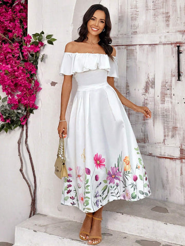 Off Shoulder Short Sleeve Vacation T-Shirt And Printed Floral Vacation Skirt Set