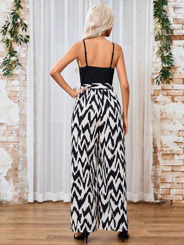 Patchwork Herringbone Print V-Neck Spaghetti Strap Wide Leg Jumpsuit