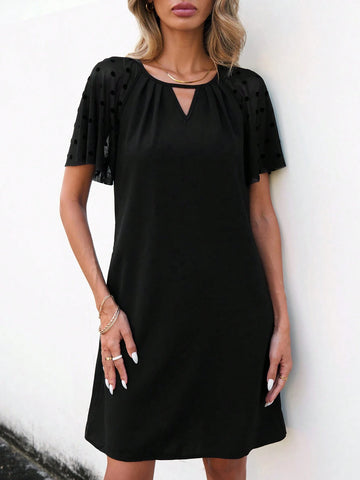 Patchwork Mesh Loose Fit Casual Dress With Keyhole Collar Black Skirt