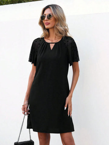 Patchwork Mesh Loose Fit Casual Dress With Keyhole Collar Black Skirt