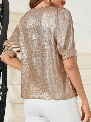 Clasi Pearl Beaded Collar, Keyhole Neckline, Pleated Details, Puff Sleeve Shirt Concert Women Outfit Blouse