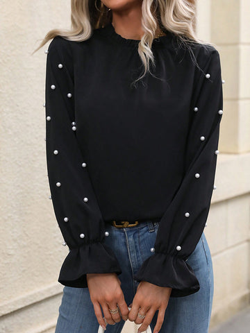 Pearls Beaded Flare Sleeve Frill Neck Blouse