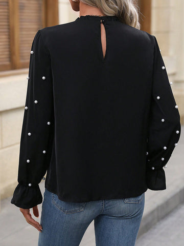 Pearls Beaded Flare Sleeve Frill Neck Blouse
