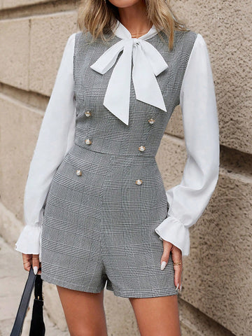 Plaid Knot Collar Bell Sleeve Two-In-One Romper