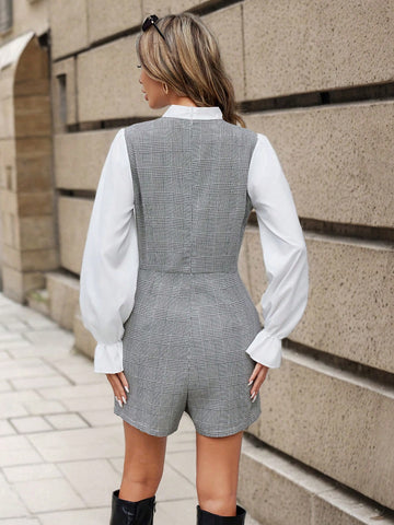 Plaid Knot Collar Bell Sleeve Two-In-One Romper