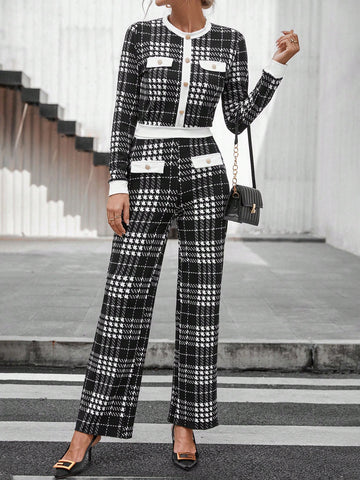 Plaid Print Contrast Trim Jacket & Pants