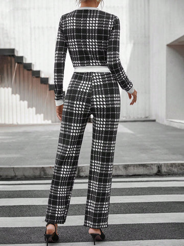 Plaid Print Contrast Trim Jacket & Pants