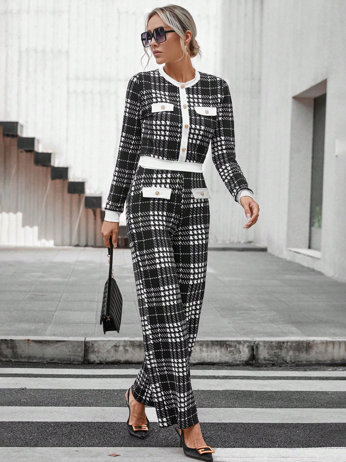 Plaid Print Contrast Trim Jacket & Pants
