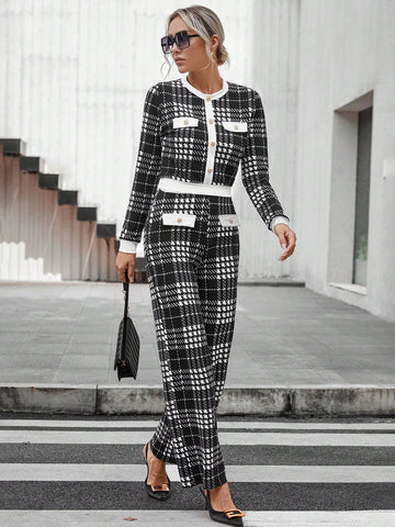 Plaid Print Contrast Trim Jacket & Pants