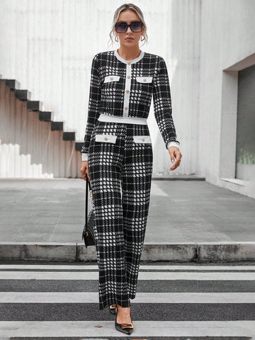 Plaid Print Contrast Trim Jacket & Pants
