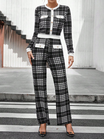 Plaid Print Contrast Trim Jacket & Pants