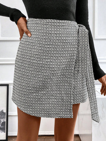 Clasi Plaid Print Knot Side Wrap Skirt