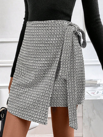 Clasi Plaid Print Knot Side Wrap Skirt