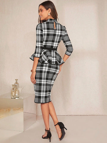Plaid Print Peplum Top & Pencil Skirt