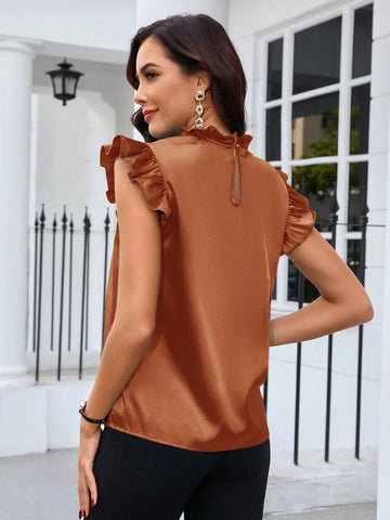 Clasi Plain Color Ruffle Trim Simple Top, Casual Daily Wear
