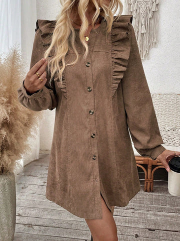 Plain V Neck Front Button Ruffle Hem Long Sleeve Dress