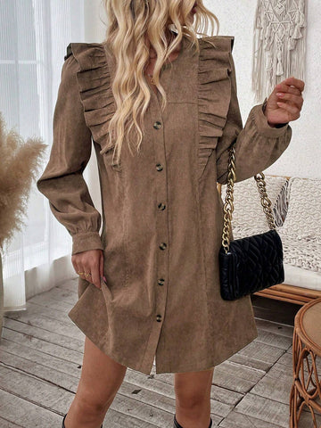 Plain V Neck Front Button Ruffle Hem Long Sleeve Dress