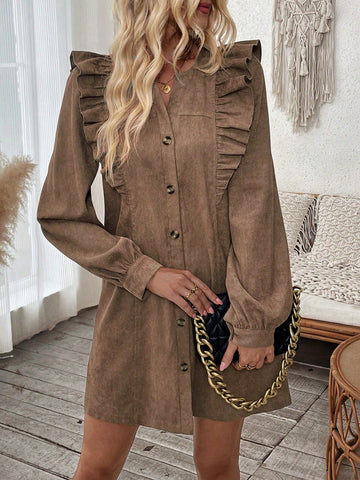 Plain V Neck Front Button Ruffle Hem Long Sleeve Dress