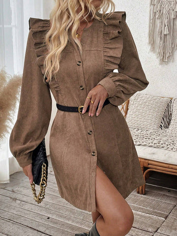Plain V Neck Front Button Ruffle Hem Long Sleeve Dress