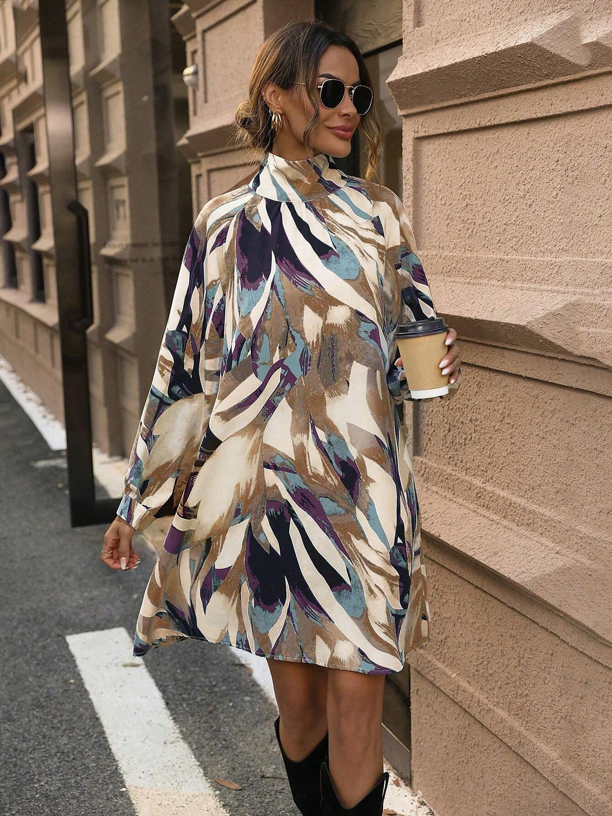 Plant Print Stand Collar Long Sleeve Casual Dress For Autumn