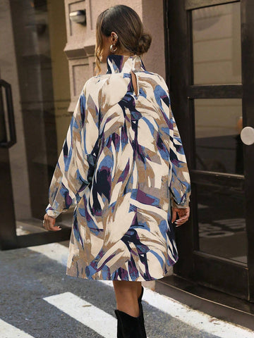 Plant Print Stand Collar Long Sleeve Casual Dress For Autumn