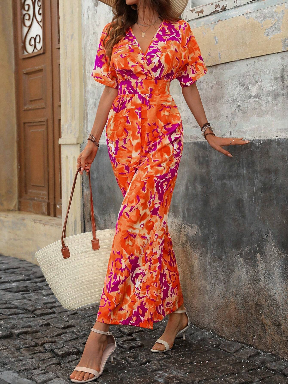 Plunge Neck Wide Belt Detail Jumpsuit Jumpsuit