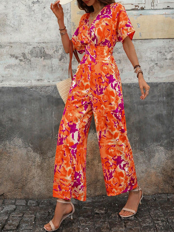 Plunge Neck Wide Belt Detail Jumpsuit Jumpsuit