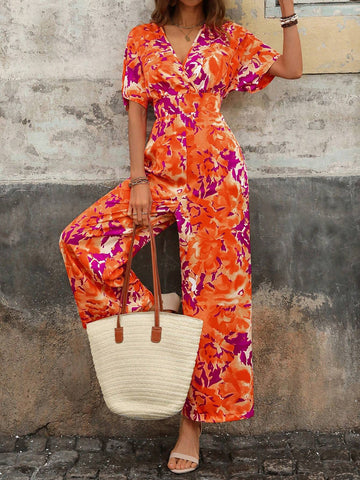 Plunge Neck Wide Belt Detail Jumpsuit Jumpsuit