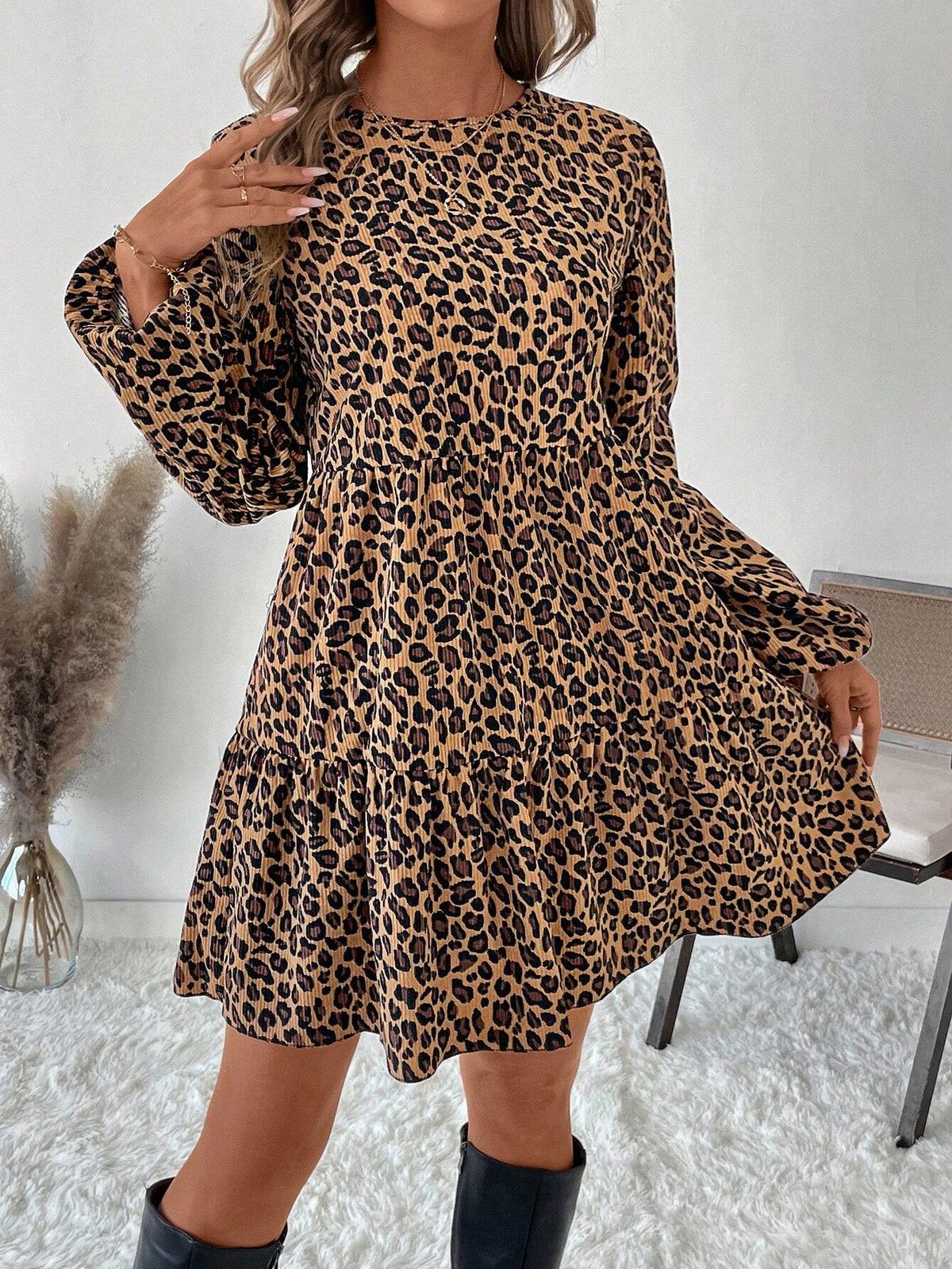 Plus Size Women Corduroy Leopard Print Babydoll Mini Dress