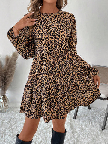 Plus Size Women Corduroy Leopard Print Babydoll Mini Dress