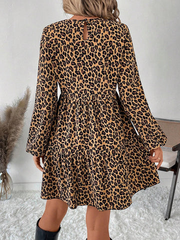 Plus Size Women Corduroy Leopard Print Babydoll Mini Dress
