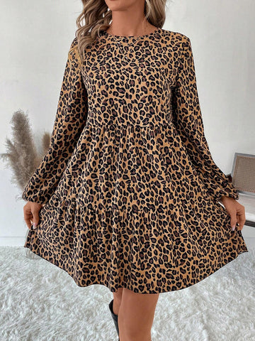 Plus Size Women Corduroy Leopard Print Babydoll Mini Dress