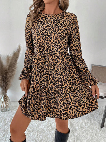 Plus Size Women Corduroy Leopard Print Babydoll Mini Dress