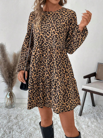 Plus Size Women Corduroy Leopard Print Babydoll Mini Dress