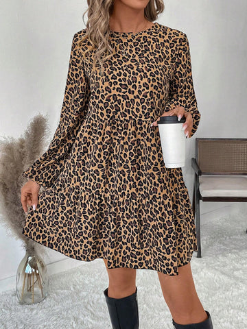 Plus Size Women Corduroy Leopard Print Babydoll Mini Dress