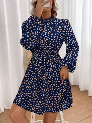 Polka Dot Print Stand Collar Long Sleeve Elegant Midi Dress