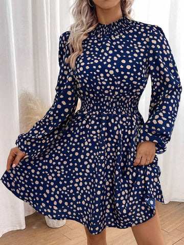Polka Dot Print Stand Collar Long Sleeve Elegant Midi Dress