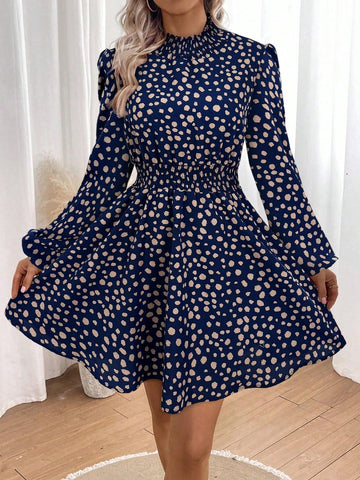 Polka Dot Print Stand Collar Long Sleeve Elegant Midi Dress