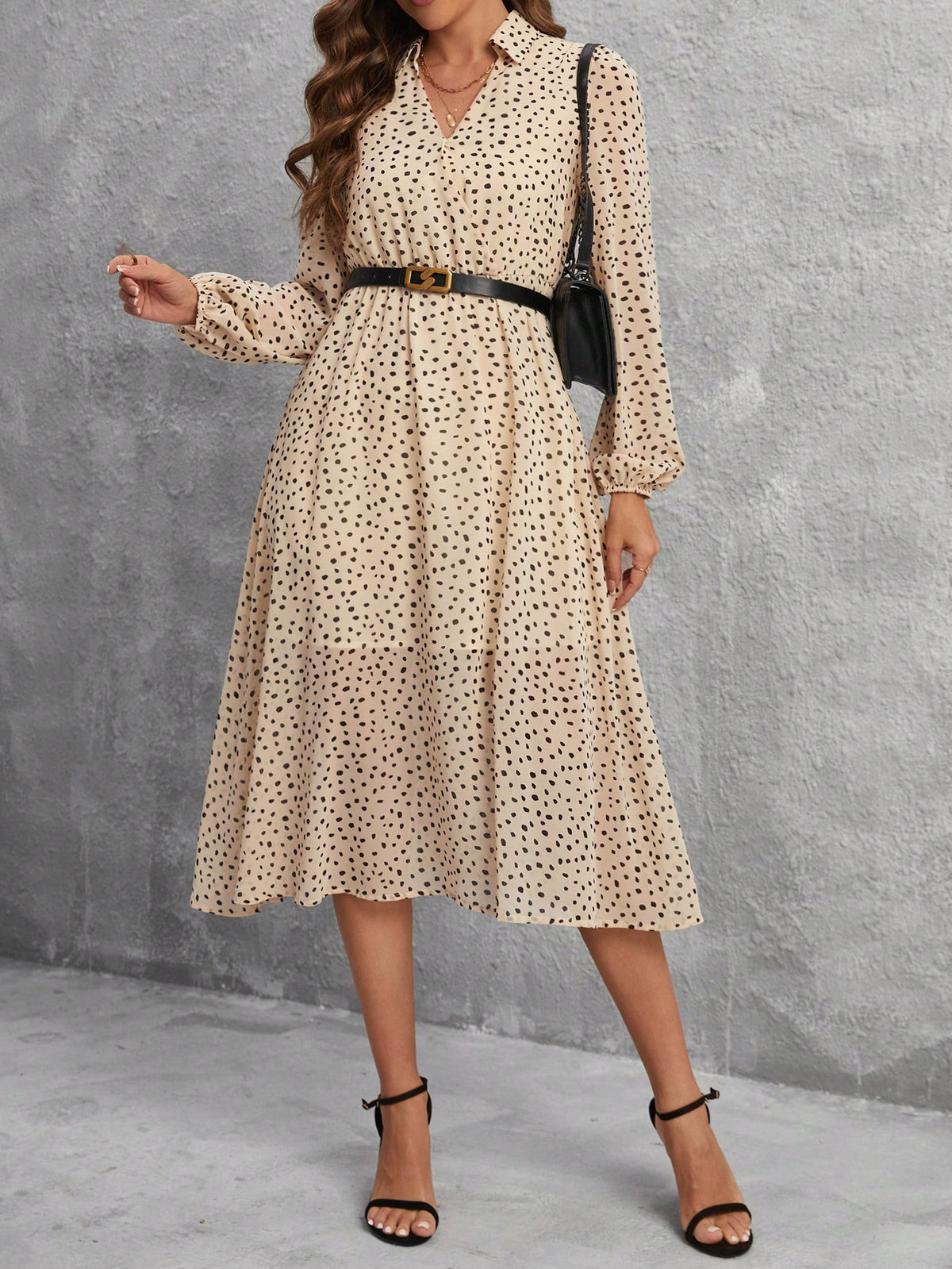 Polka Dot Print V-Neck Lantern Sleeve Dress