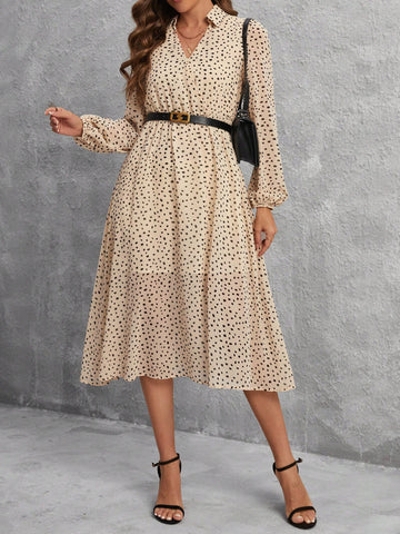 Polka Dot Print V-Neck Lantern Sleeve Dress