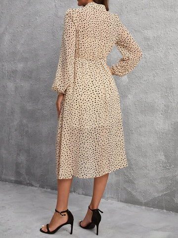 Polka Dot Print V-Neck Lantern Sleeve Dress
