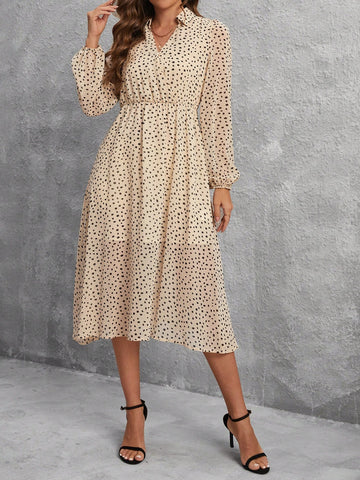 Polka Dot Print V-Neck Lantern Sleeve Dress