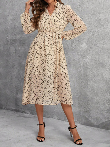 Polka Dot Print V-Neck Lantern Sleeve Dress